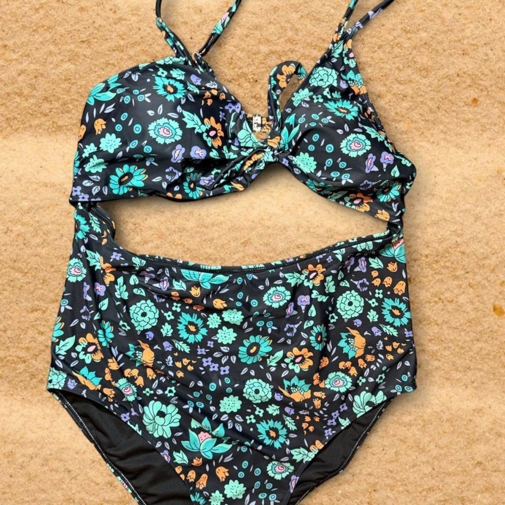 Floral Print Cutout Monokini Swimsuit Black Teal Orange 4XL Plus Size